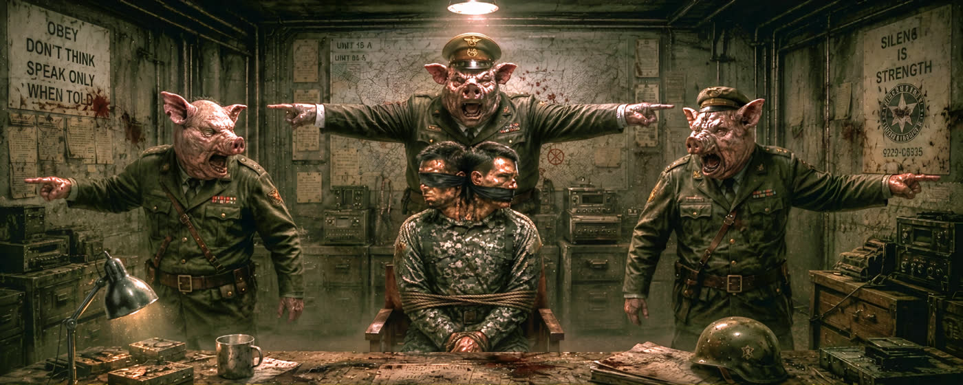 A dark satirical command room with uniformed figures and orders on the wall