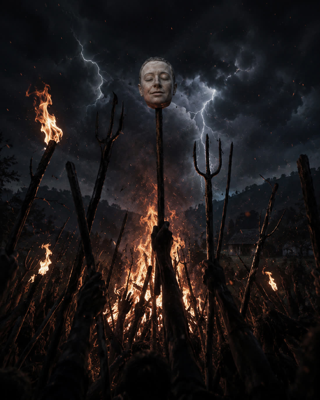 A crowd holding torches around a raised mask in a stormy ritual scene