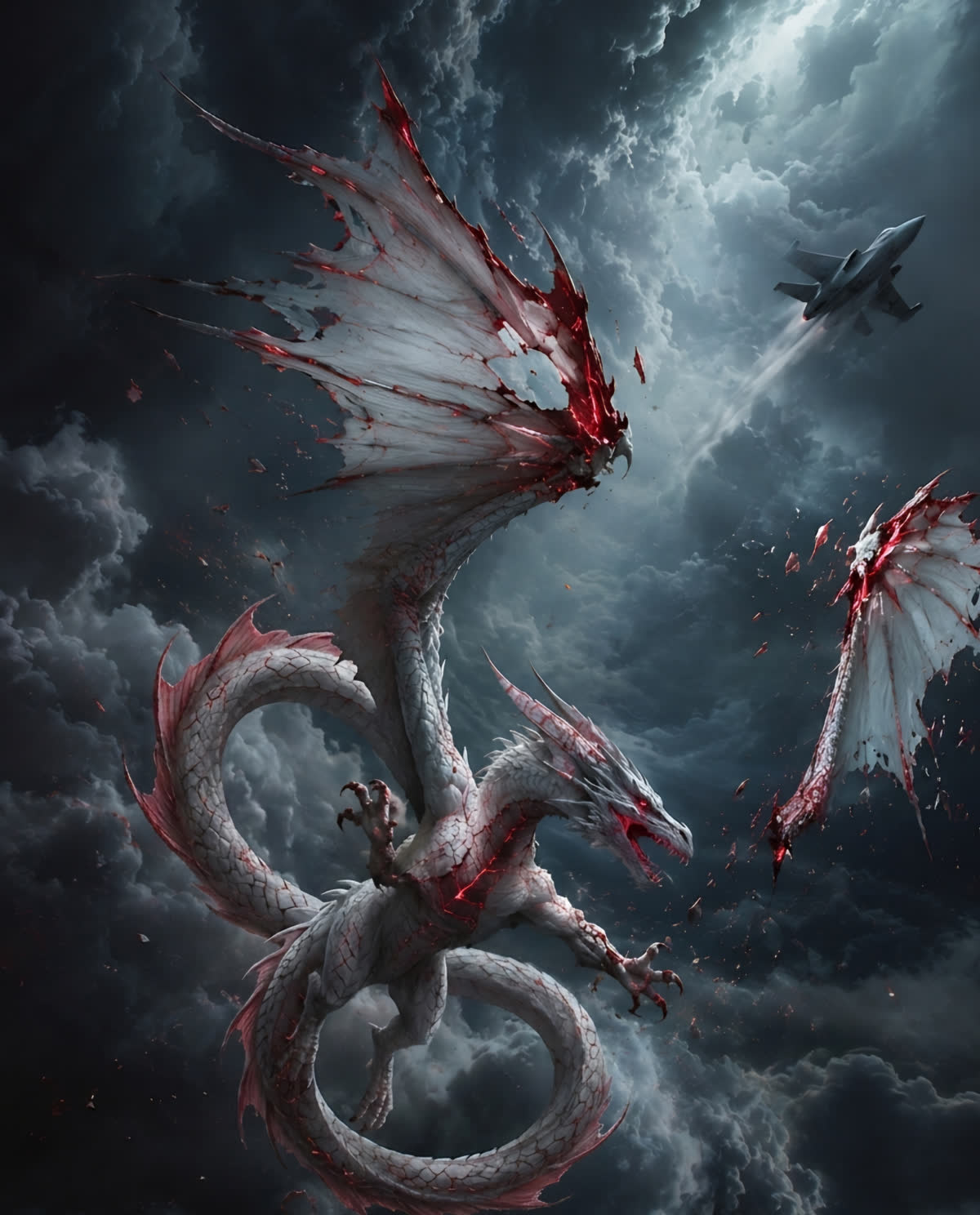 A white dragon in storm clouds with red torn wings and an aircraft in the distance