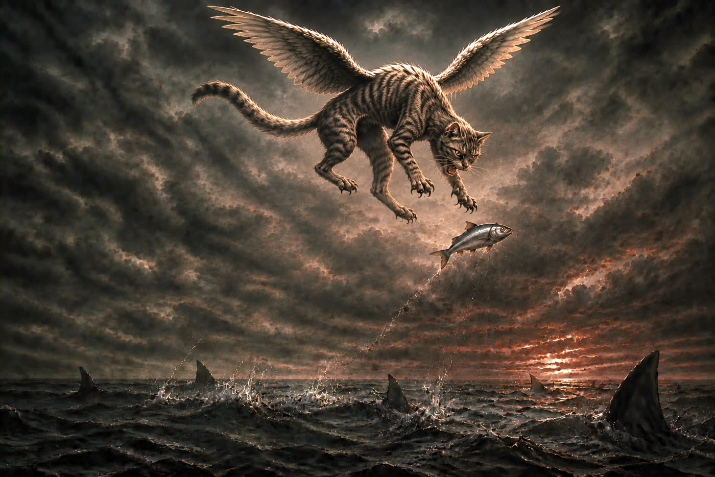 A winged cat above a stormy sea chasing a fish while fins cut through the water